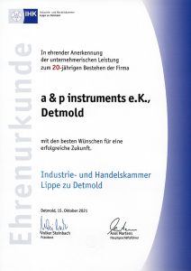 a&p instruments | Ehrenurkunde | 20 Jahre